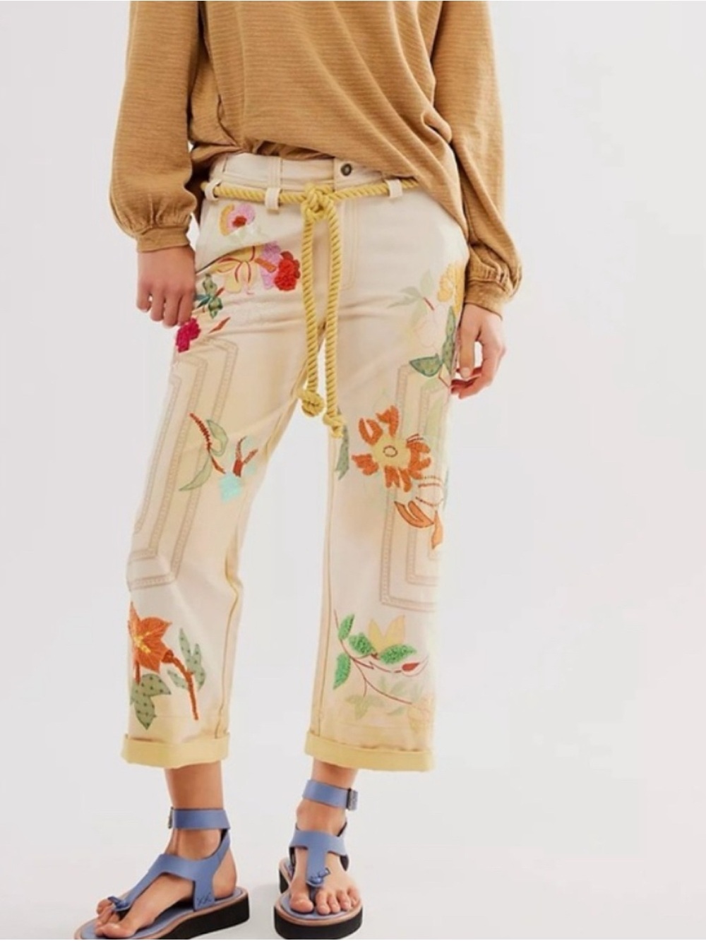 Free People Low-Rise Embroidered Wide-Leg Drawstring Pants Electric Sands 6 - Picture 3 of 14